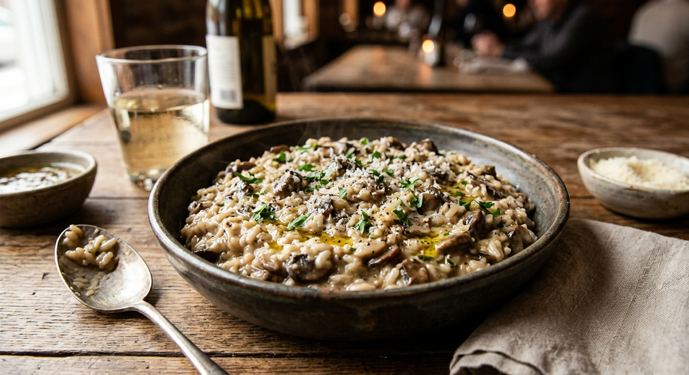 Risotto crémeux aux pleurotes ou shiitakés séchés et frais, servi dans une assiette creuse