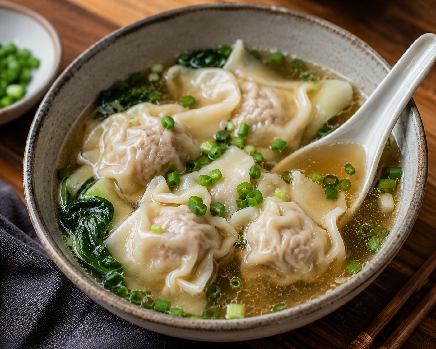 Soupe wonton végétarienne aux shiitakés, légumes et bouillon au gingembre et lait de coco, servie dans un bol