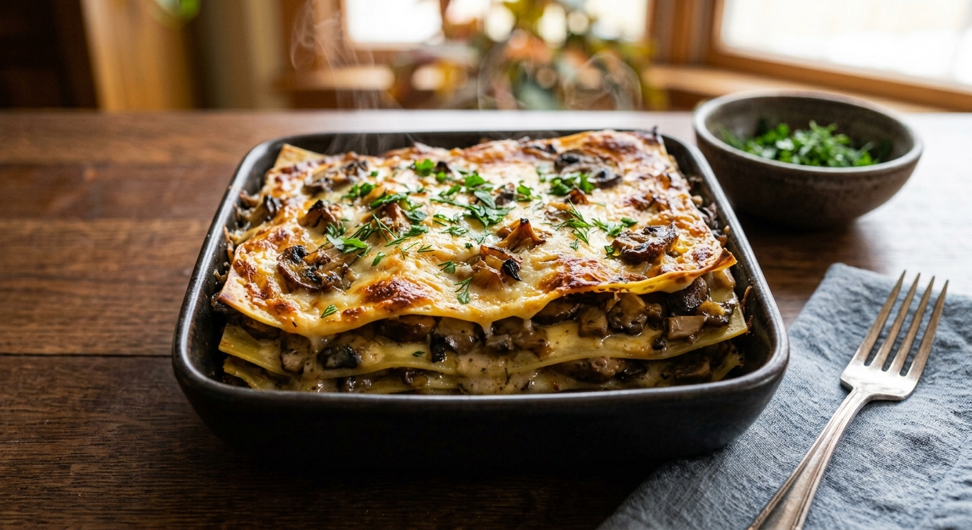 Lasagne aux pleurotes et shiitakés de La Manse, béchamel à l'huile d'olive et parmesan, gratinée au four