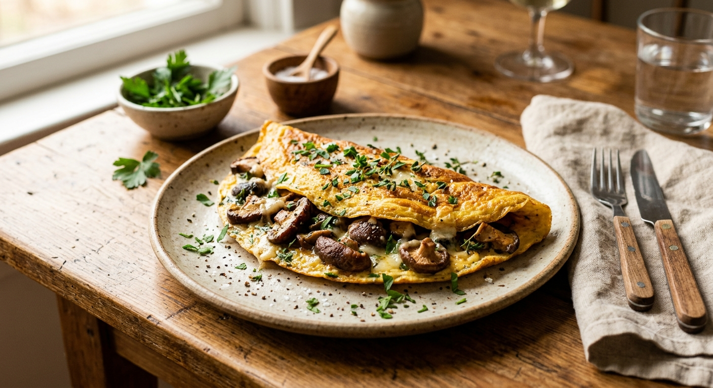 Omelette roulée aux shiitakés séchés de La Manse, parsemée de persil frais, servie avec une salade verte