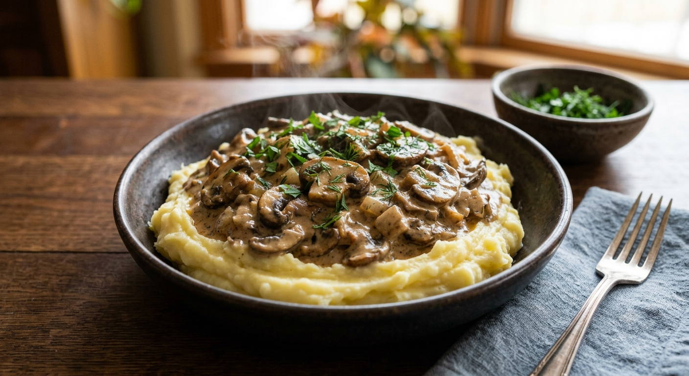 Stroganoff de pleurotes et shiitakés, sauce crémeuse à la crème fraîche et moutarde, servi sur des pâtes larges avec du persil